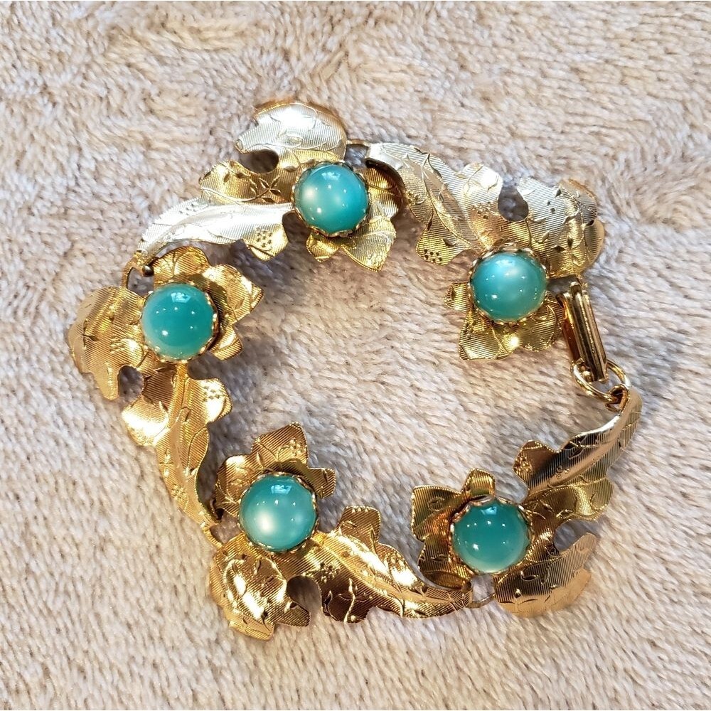 Gold Leaf bracelet, brooch, clip on earrings with seagreen turquoise stone
